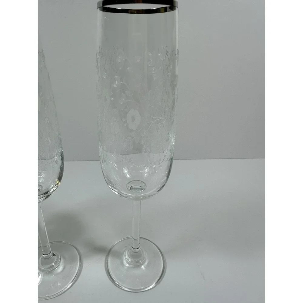 Etched Floral Champagne Glasses Platinum Silver Rim 8 1/4